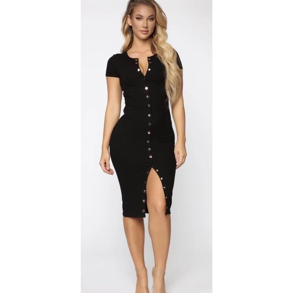 Heart Hips Black Bodycon Midi Dress Womens Medium Button Front Stretch